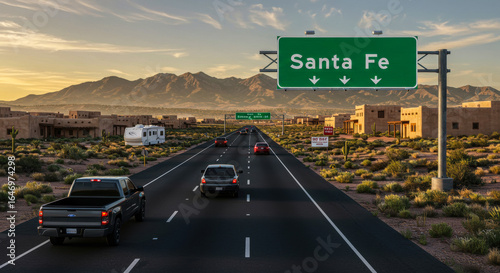 Wallpaper Mural Santa Fe Highway with Exit Sign, Desert Terrain, Adobe Architecture, Cacti, Mountain Backdrop, RV and Pickup Trucks, Southwestern USA Torontodigital.ca