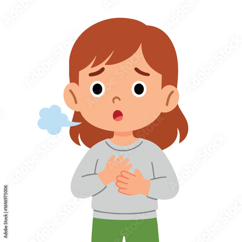 Vector illustration of a worried girl holding her chest and breathing heavily, isolated on a white background.