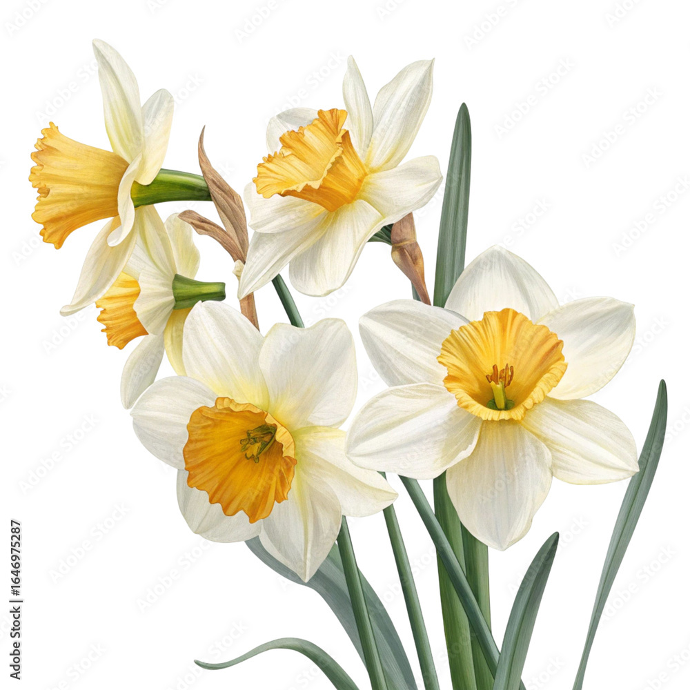 Naklejka premium A bunch of delicate white and yellow daffodils blooming together isolated on transparent background