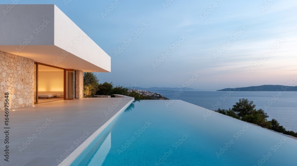 Fototapeta premium Modern Minimalist Villa with Infinity Pool Overlooking Serene Ocean at Dusk