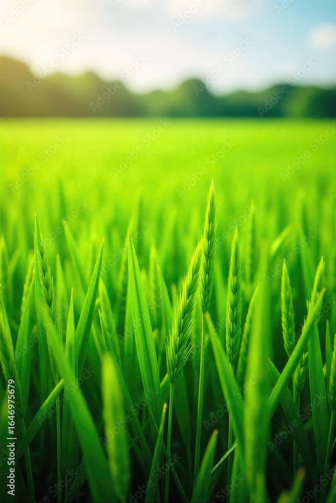 Obraz premium Lush green field of herd grass swaying gently in the breeze, sunlight illuminating the blades Perfect for agricultural, environmental, and nature themes , forage, rural scene
