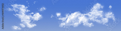 Realistic white cloud formations on transparent sky background - fluffy cumulus shapes with soft edges floating in blue heaven atmosphere for weather forecast, nature scene or digital composition.