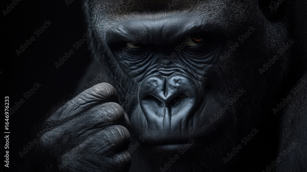 Intense Close-Up of a Gorilla Displaying Thoughtful Expression Against Dark Background Intense Close-Up of a Gorilla Displaying Thoughtful Expression Against Dark Background
