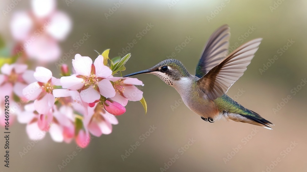 Naklejka premium Ruby-Throated Hummingbird Elegantly Sipping Sweet Nectar From Delicate Pink Flowers in Springtime