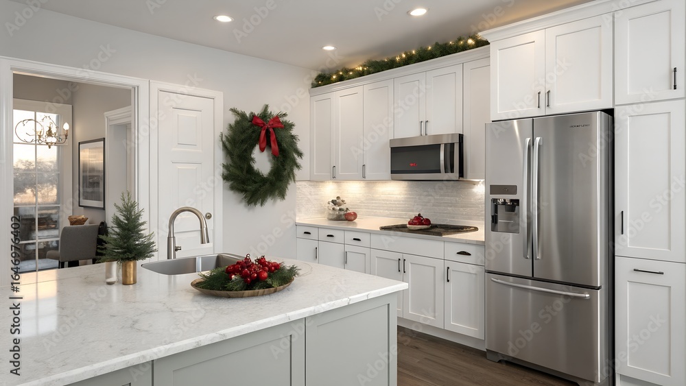 Fototapeta premium Bright Holiday Kitchen with Quartz Counters and Stainless Appliances