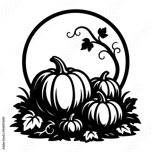 Pumpkin Patch with Vines and Leaves in a Circle Frame