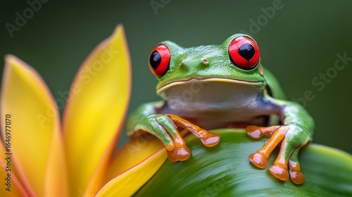 Vibrant Green Frog with Red Eyes Resting on Tropical Leaf beside Colorful Flower in Nature