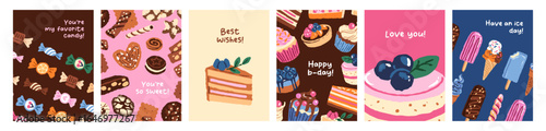 Set of greeting cards designs with confectionery. Cute postcards templates with candies cakes, ice creams. Festive layouts with lollipops, sweet dessert for congratulations. Flat vector illustrations.