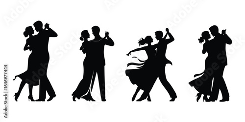 Set of elegant silhouettes showing couples engaged in romantic ballroom dancing. Vector illustration collection.