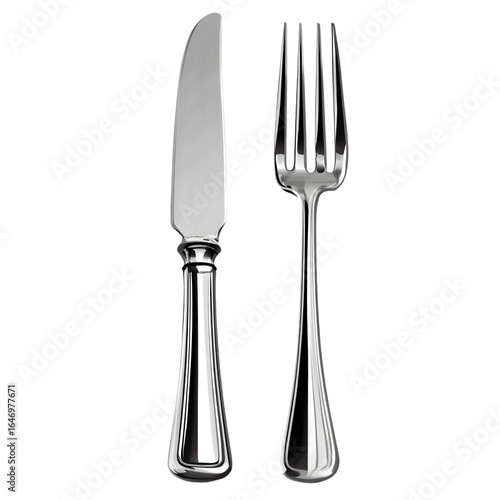 A close up shot of a silver knife and fork on a black background in a studio setting with lighting on transparent background