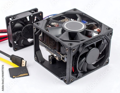 Two computer cooling fans and various cables sit on a white background