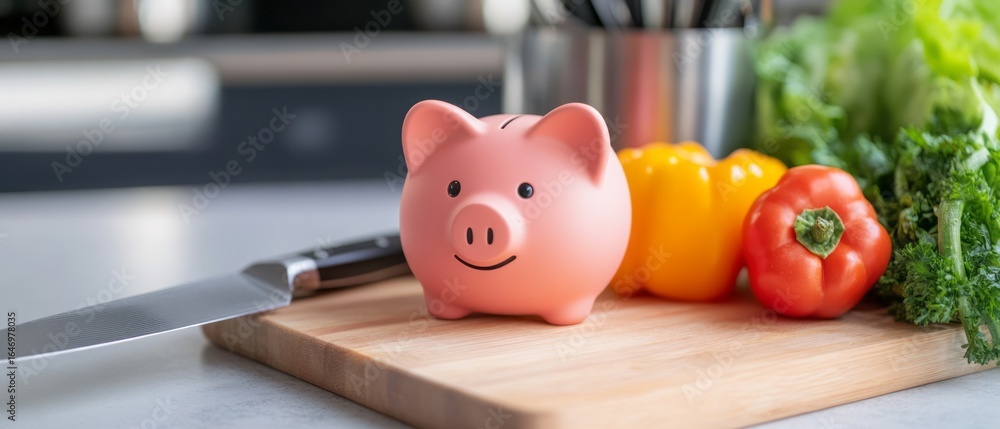 Obraz premium Adorable Pink Piggy Bank with Fresh Vegetables and Kitchen Tools on a Wooden Cutting Board