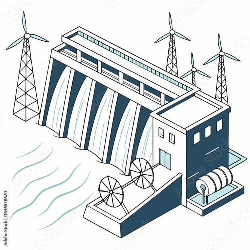A hydroelectric dam with wind turbines in the distance
