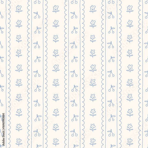 Hand drawn flower and cherry regency striped seamless pattern with a charming whimsical cottage core design. Soft blue pastel and nostalgic print. Perfect for textiles and vintage-inspired decor.