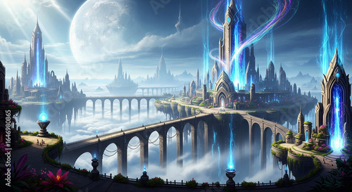 Majestic fantasy city with futuristic buildings and bridges floating high above the clouds under a bright moon