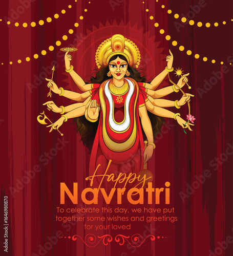 Navratri Celebration: A vibrant depiction of the festival, featuring a multi-armed deity and celebratory greetings against a rich, cultural backdrop.