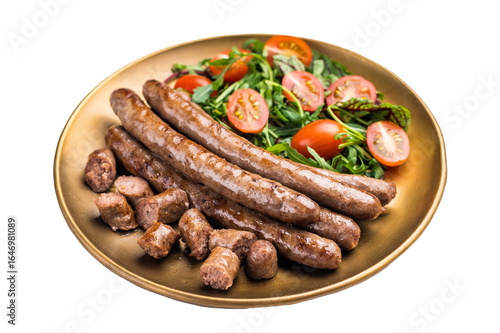 Tableau sur toile Close up of perfectly charred grilled sausage with salad, ideal for adding flavor to your favorite dishes or sandwiches