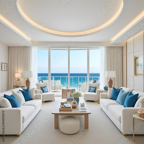 Cozy living room with white sofa and chairs  ocean views from large windows in Palm Beach  Florida  coastal style  luxury design  and blue accents.