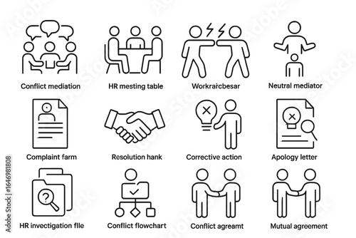 Conflict Resolution Icons. Line style icons of conflict resolution: conflict mediation icon, HR meeting table, workplace