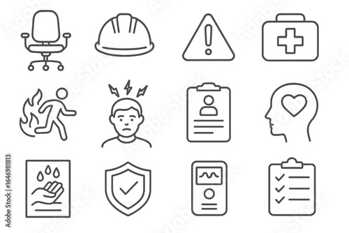 Workplace Safety Icons. Line style icons of workplace safety and well-being: ergonomic chair icon, safety helmet, workplace hazard