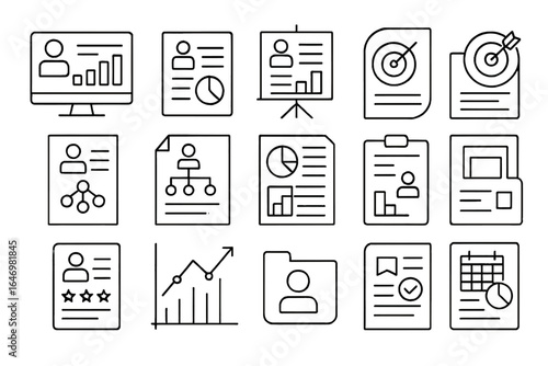HR Leadership Icons. Line style icons of HR leadership reporting: CHRO dashboard icon, executive HR report, leadership update deck