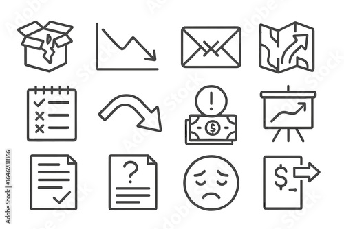 Startup Challenges Icons. Line style icons of startup failures and pivots: failed product icon, customer churn graph, shutdown