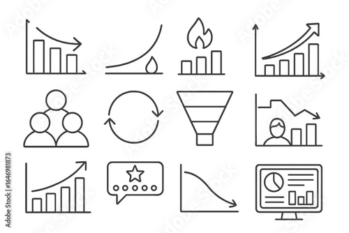 Startup Metrics Icons. Line style icons of startup metrics: CAC chart icon, LTV graph, monthly burn rate, user growth chart,