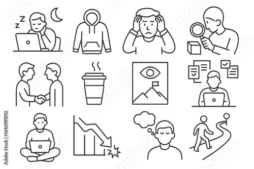 Founder Lifestyle Icons. Line style icons of founder lifestyle: late night work icon, startup hoodie, founder stress icon, product