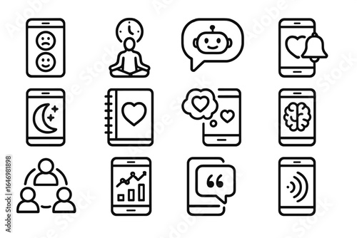 Mental Health Icons. Line style icons of mental health apps: mood tracker app, meditation timer icon, therapy chatbot icon, mental