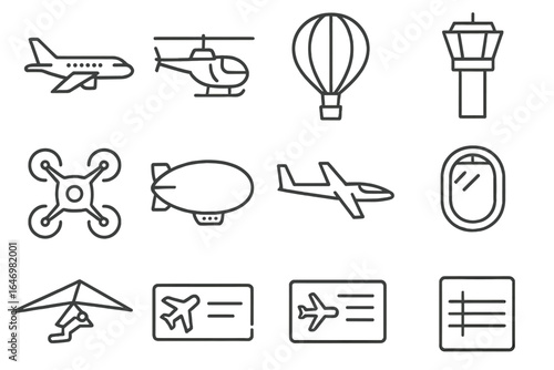 Aerial Transport Icons. Line style icons of aerial transport: airplane icon, helicopter side view, hot air balloon, air traffic