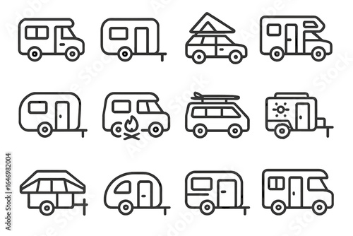 Recreational Vehicle Icons. Line style icons of recreational vehicles: camper van icon, RV trailer, roof tent SUV, motorhome