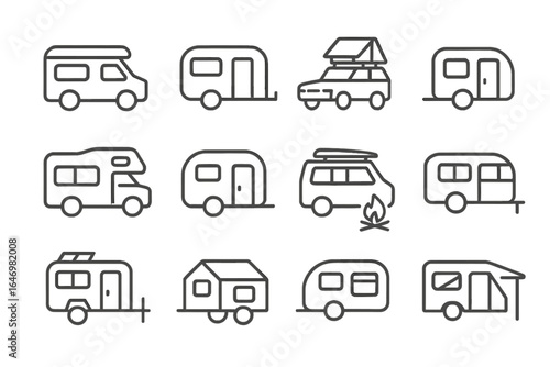 Recreational Vehicle Icons. Line style icons of recreational vehicles: camper van icon, RV trailer, roof tent SUV, motorhome