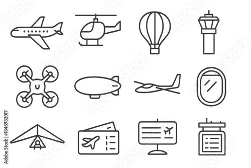Aerial Transport Icons. Line style icons of aerial transport: airplane icon, helicopter side view, hot air balloon, air traffic