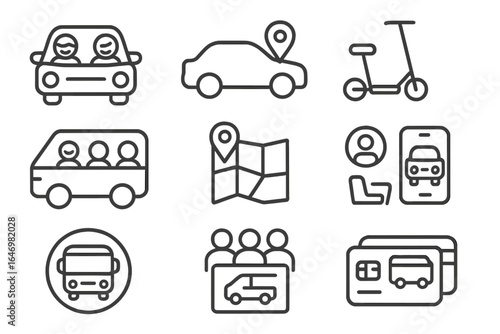 Shared Transport Icons. Line style icons of shared transport: carpool icon, rideshare vehicle, shared e-scooter, vanpool icon,
