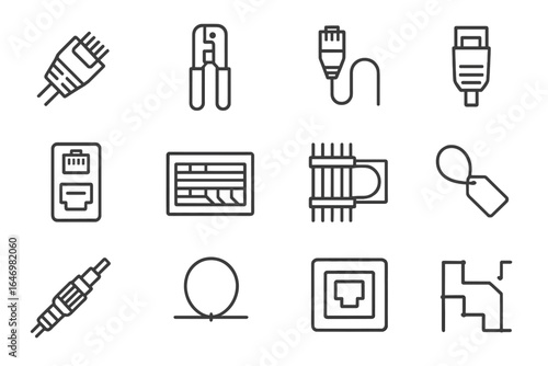Network Cable Icons. Line style icons of network cable management: Ethernet plug icon, cable crimper, patch cord icon, RJ45