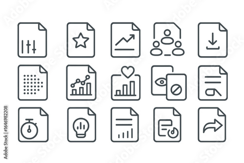 File Analytics Icons. Line style icons of file analytics: file access count, most used document, file open trend, file popularity