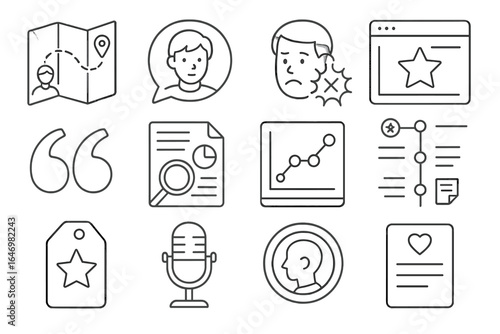 Startup Story Icons. Line style icons of startup storytelling: founder journey map, origin story bubble, customer pain point icon,