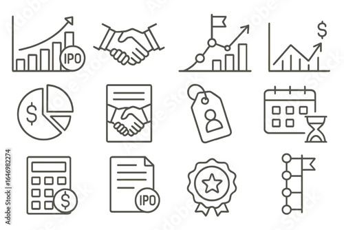 Startup Exit Icons. Line style icons of startup exits: IPO chart icon, acquisition deal icon, exit plan roadmap, exit valuation