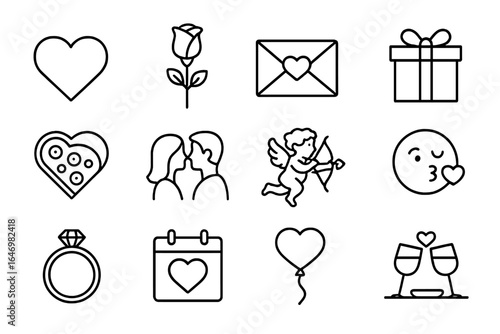 Valentine's Day Icons. Line style icons of Valentine’s Day: heart icon, rose flower, love letter, gift box with ribbon, chocolate