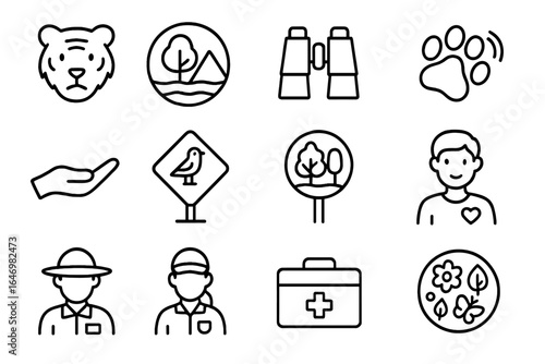 Wildlife Conservation Icons. Line style icons of wildlife conservation: endangered animal, habitat icon, binoculars, animal