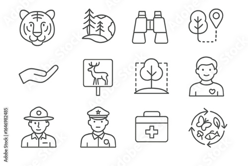 Wildlife Conservation Icons. Line style icons of wildlife conservation: endangered animal, habitat icon, binoculars, animal