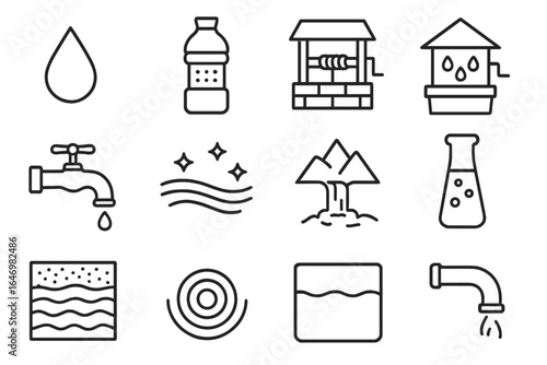 Water Resource Icons. Line style icons of clean water and resources: water droplet, filtered bottle, well icon, rain collector,