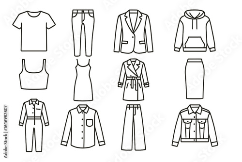 Fashion Icon Essentials. Line style icons of fashion essentials: basic t-shirt, skinny jeans, tailored blazer, hoodie icon, crop