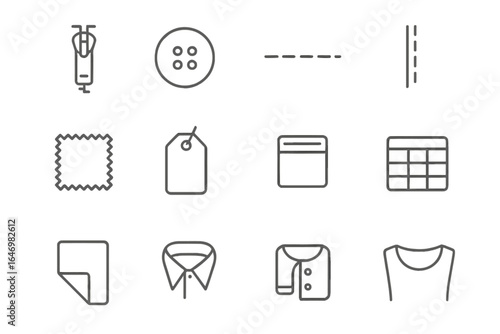 Fashion Detail Icons. Line style icons of fashion details: zipper icon, button icon, stitch line, seam diagram, fabric swatch,