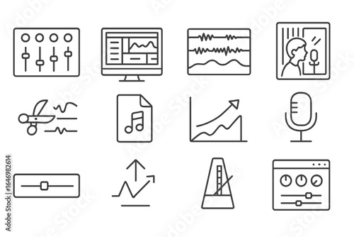 Studio Production Icons. Line style icons of studio production: mixing desk, DAW screen, multi-track icon, vocal booth, sound
