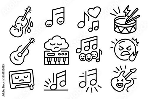 Emotive Music Icons. Line style icons of emotion in music: sad violin, happy melody, love song, energetic rhythm, calm chords,