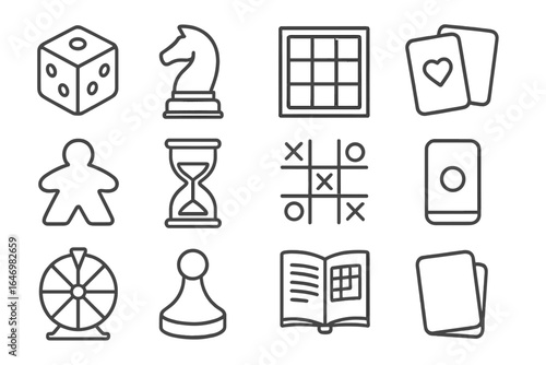 Board Game Icons. Line style icons of board games: dice icon, chess piece, game board, card deck, meeple icon, timer hourglass,