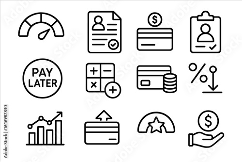 Credit Management Icons. Line style icons of credit management: credit score icon, credit report, credit line, loan eligibility,