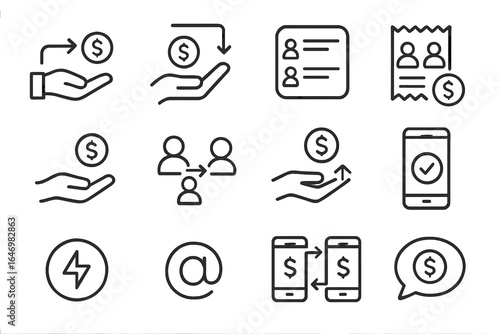 Peer-to-Peer Payment Icons. Line style icons of peer-to-peer payments: send money icon, receive funds, contact list icon, split