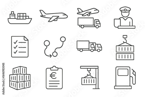 Shipping Icons Set. Line style icons of shipping and transport: container ship icon, cargo plane, intermodal icon, customs